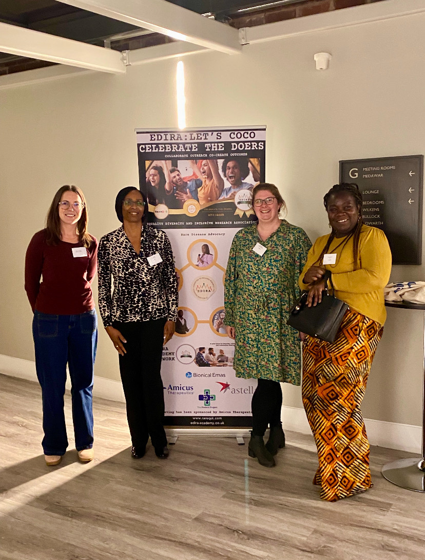 From left to right: NIHR BioResource Senior Coordinator for PPIE, Shayna Rodriguez; BHA's Director of Policy, Engagement & Development Donna Miller; the BioResource's Director of Operations Hannah Stark; and BHA's Community Engagement and Development Lead Sandra Oppong attended the Equity, Diversity and Inclusion Research Alliance (EDIRA) conference on 7th November, 2025 to present their work.